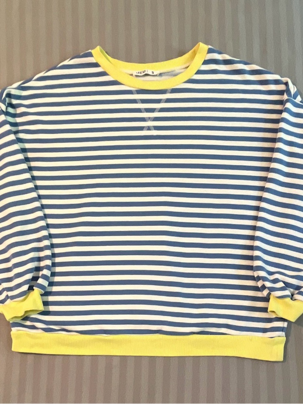 Blue & White Striped Crewneck Sweater with Yellow Trim